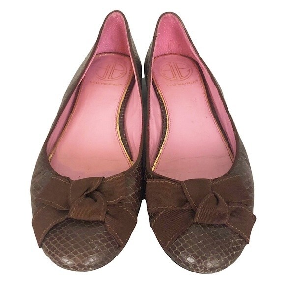 LILLY Pulitzer Brown Snakeskin Leather Ribbon Bow Slip On Ballet Flat - Picture 8 of 12
